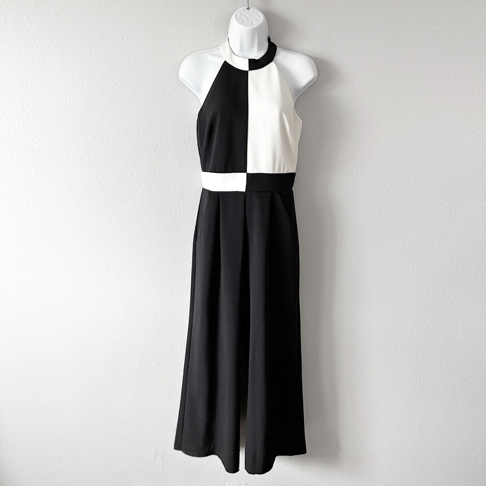 Tahari ASL Black White Colorblock Halter Crop Wide Leg Jumpsuit Women's‎ Size 2